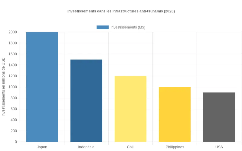 Données visuelles des fonds consacrés aux barrières anti-tsunamis par nations côtières, indiquant une tendance à la hausse des mesures préventives. Comparaison des budgets nationaux alloués aux systèmes anti-tsunamis révélant une hausse significative des investissements depuis 2000.