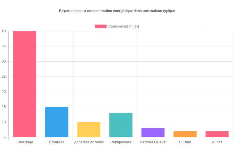 Bar chart montrant la répartition énergétique domestique avec focus sur la part significative des appareils en veille dans une maison type.