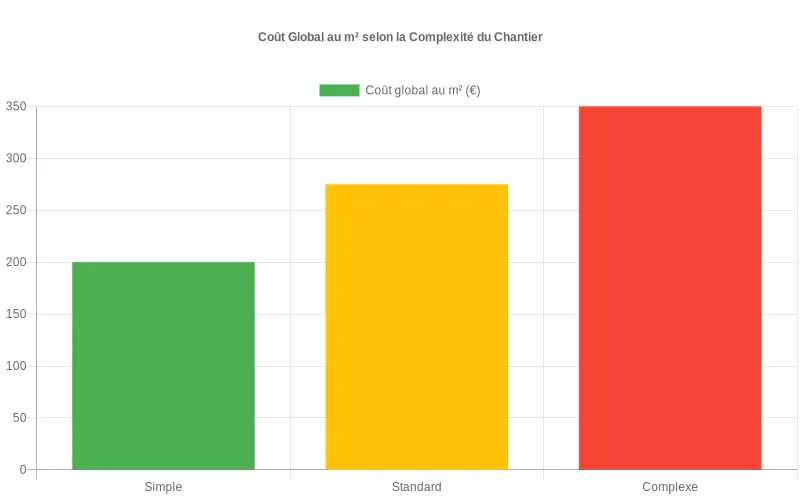 Bar chart montrant l’évolution du coût global au m² de 200 à 350 €/m² selon un chantier simple, standard ou complexe