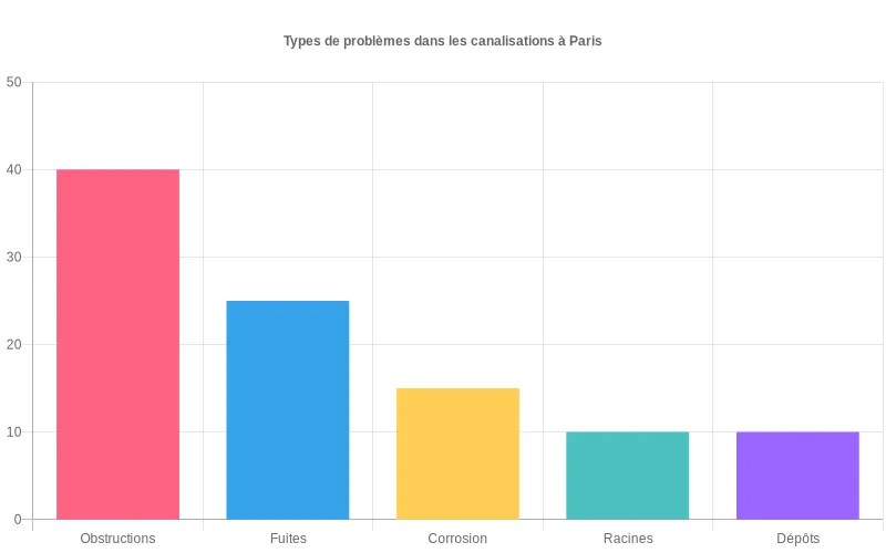 Visualisation des types de problèmes rencontrés lors des inspections de canalisations à Paris, avec pourcentages.