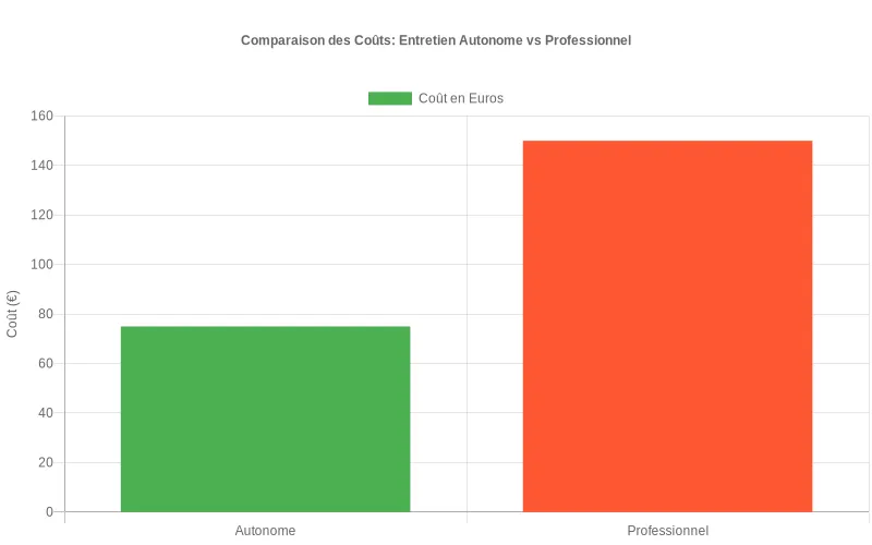 Diagramme comparant les coûts cumulés de l'entretien autonome (outils, produits, temps) versus services professionnels (main d'œuvre, déplacement). Analyse comparative des dépenses entre l'entretien DIY et le recours à un expert, montrant le point de rentabilité financière.