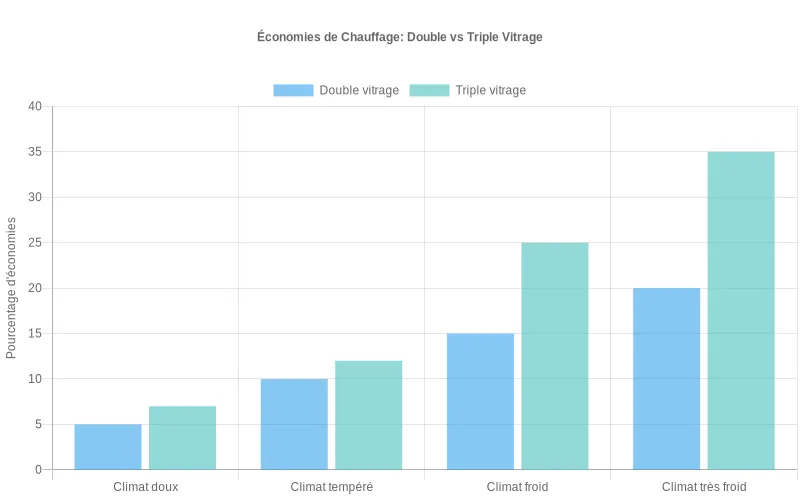 Comparaison des économies de chauffage entre double et triple vitrage selon quatre zones climatiques