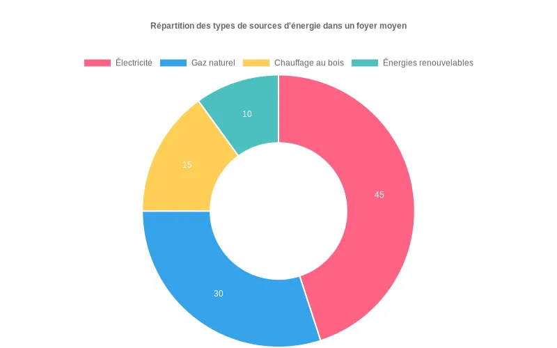 Répartition énergétique domestique : électricité (45%), gaz (30%), fioul (15%), énergies renouvelables (10%) dans un foyer type.