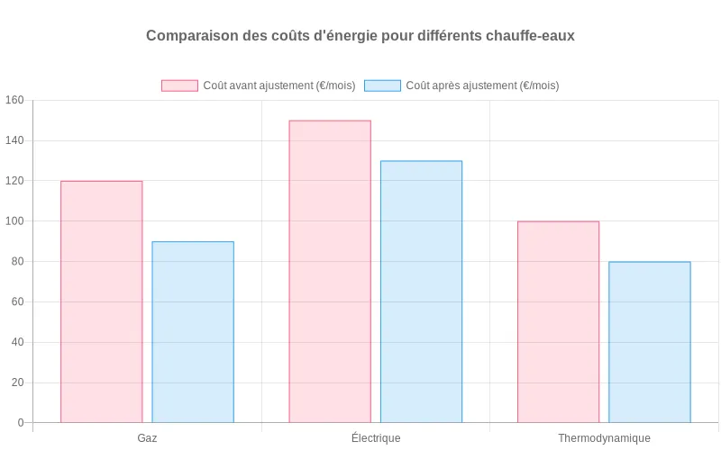 Comparaison des coûts énergétiques avant/après optimisation des chauffe-eau montrant les économies réalisables par type d'installation