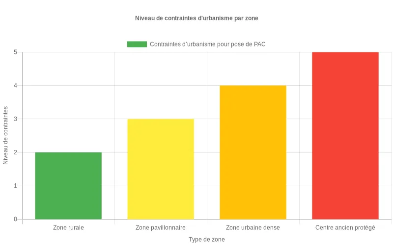 Diagramme en barres montrant des contraintes croissantes pour l’installation de PAC selon quatre types de zones urbaines
