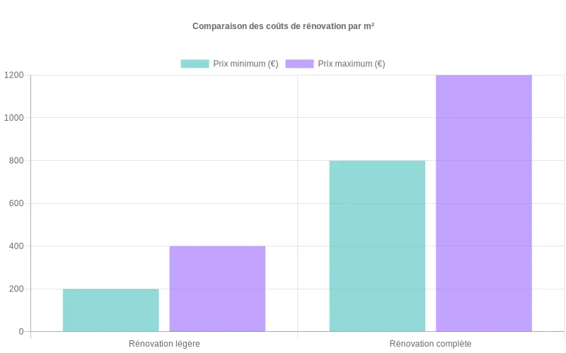 Comparaison des fourchettes de prix au m² entre rénovation légère et complète de salon