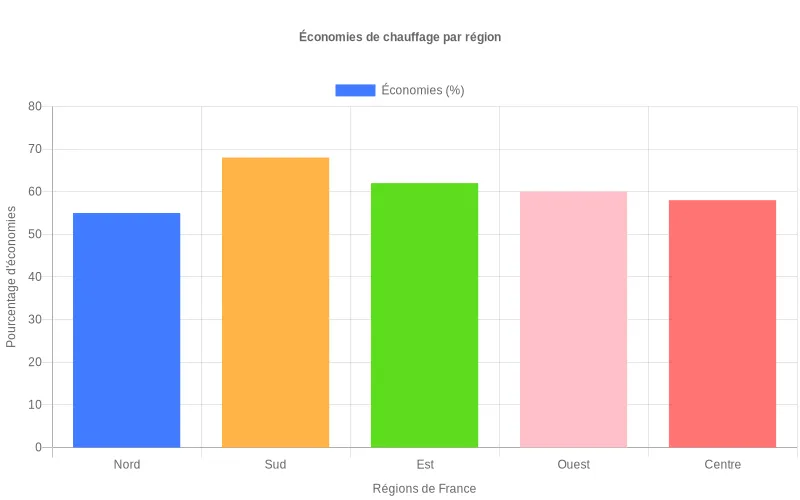 Économies énergétiques par région :  le Sud en tête avec 35%, suivi du Centre 28%, l'Ouest 25%, l'Est 20% et le Nord 15%
