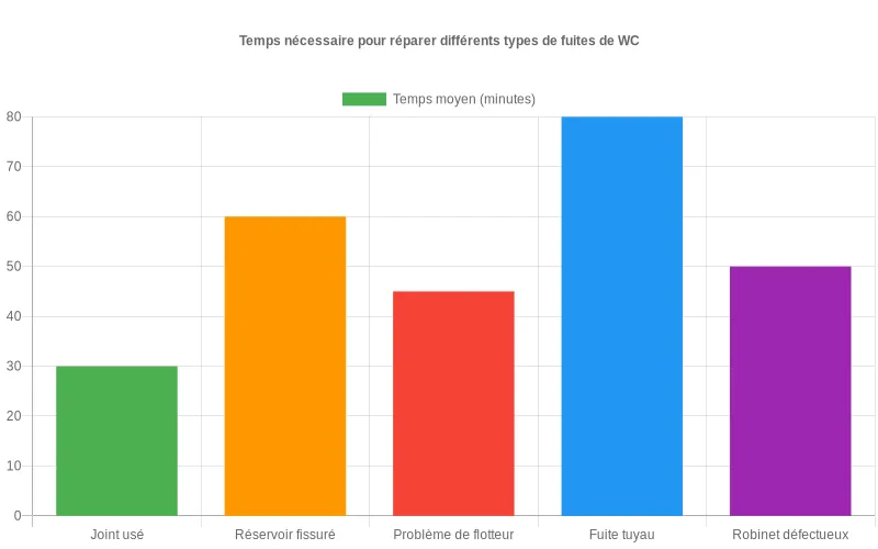 Durée moyenne pour réparer différents types de fuites de WC selon le problème rencontré, en minutes.