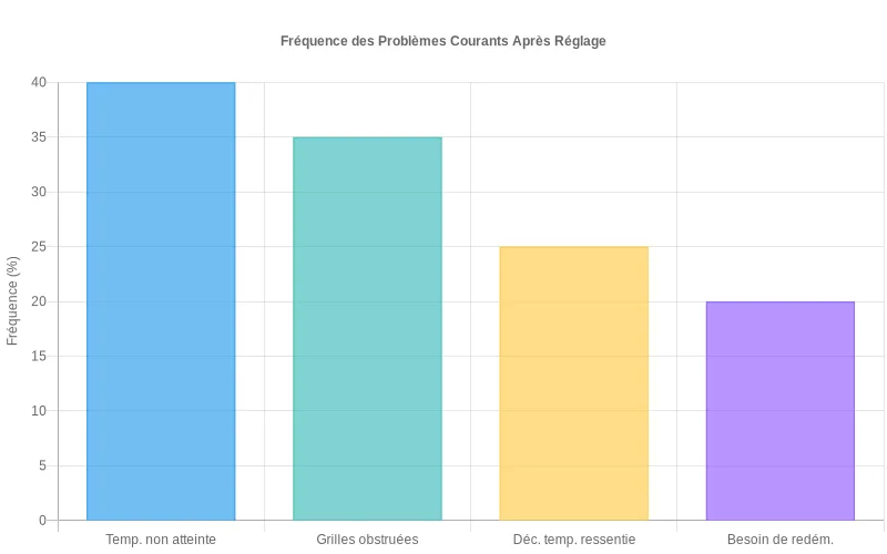 Analyse des dysfonctionnements post-réglage  :  température inadéquate, aération bloquée et écarts thermiques nécessitant intervention