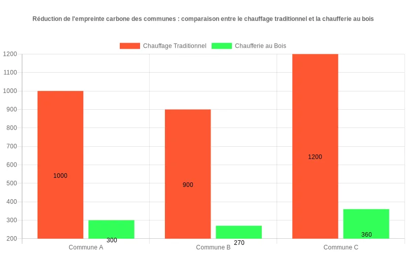 Visualisation en barres verticales comparant l'impact environnemental du chauffage traditionnel versus biomasse dans plusieurs communes. Comparatif des émissions CO2 entre chauffage conventionnel et chaufferies à bois déployées dans les communes françaises.