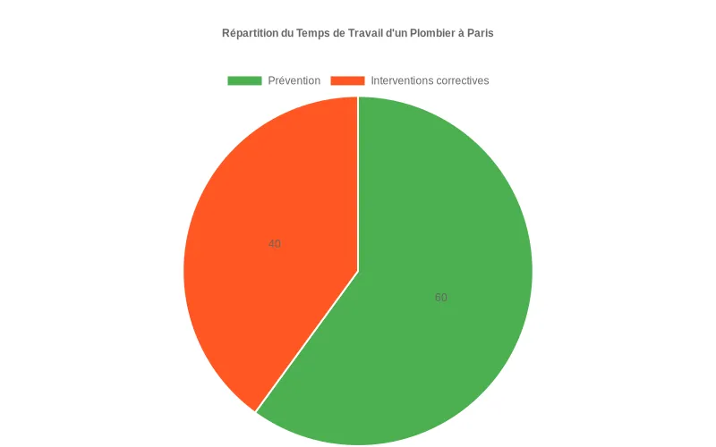 Représentation en diagramme circulaire des activités d’un plombier, mettant en avant la part majeure consacrée à la prévention face aux dépannages. Diagramme circulaire montrant la part du travail du plombier dédiée à la prévention comparée aux interventions correctives, soulignant l’importance de l’anticipation.