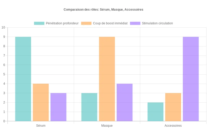 Bar chart évaluant sur une échelle de 0 à 10 la pénétration, le coup de boost et la stimulation tonicité pour sérum, masque et accessoires fermeté Bar chart montrant l’efficacité comparative du sérum, du masque et des accessoires fermeté sur pénétration, boost et tonicité