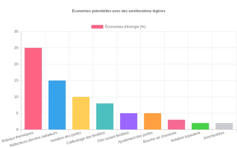Diagramme à barres Économies potentielles avec des améliorations légères montrant le pourcentage d'économie d'énergie par type d'intervention. Bar chart comparant les économies d'énergie en pourcentage pour différentes améliorations comme rideaux thermiques et réflecteurs.