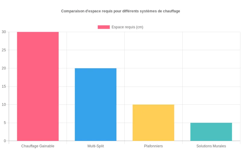 Diagramme comparatif montrant l'espace d'installation en cm requis pour chauffages gainables, multi-split, plafonniers et solutions murales.