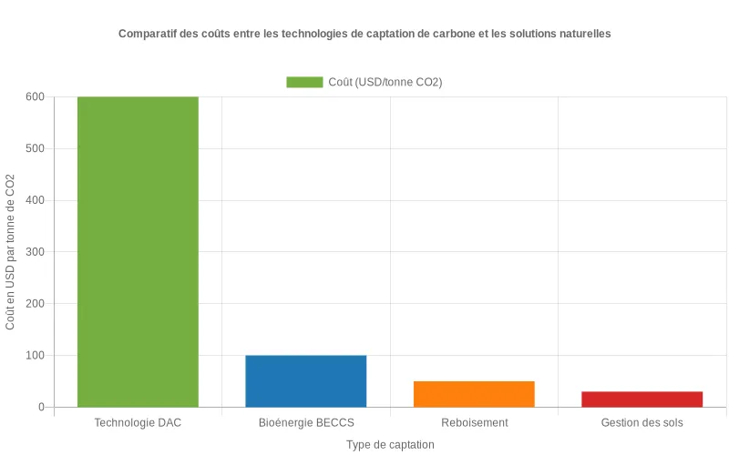 Comparatif économique entre technologies de captation carbone et solutions naturelles comme la reforestation et restauration des écosystèmes.