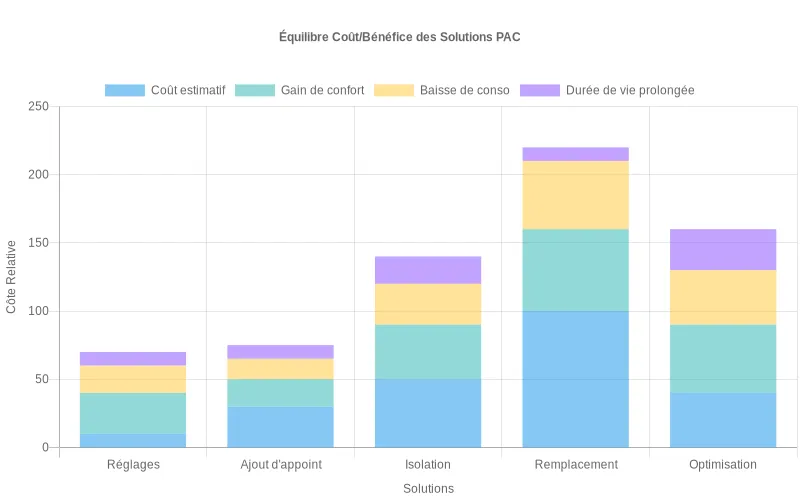 Représentation structurée des solutions possibles pour corriger une PAC mal dimensionnée, classées par type d’intervention et niveau de coût, avec barres empilées indiquant confort, économies d’énergie et durabilité Diagramme en barres comparant plusieurs solutions pour corriger une PAC mal dimensionnée, avec coûts relatifs et bénéfices confort, consommation, durée de vie