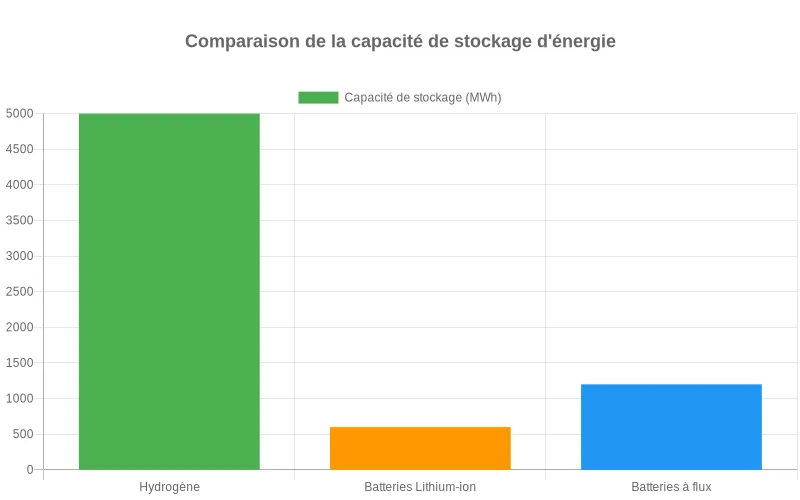 Bar chart montrant la supériorité de l'hydrogène comme solution de stockage énergétique durable, avec une rétention de capacité stable contrairement aux alternatives Comparaison des performances de stockage : hydrogène vs batteries lithium-ion et batteries à flux sur la durée de conservation