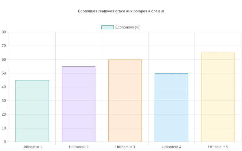 Diagramme à barres montrant les pourcentages d'économies variables entre utilisateurs de pompes à chaleur résidentielles. Comparaison des économies en pourcentage réalisées par différents foyers après installation d'une pompe à chaleur.