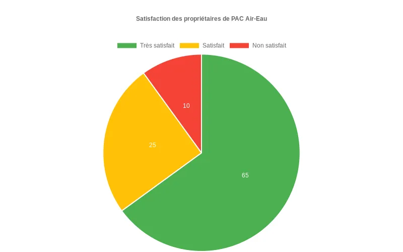 Diagramme circulaire montrant les niveaux de satisfaction des propriétaires de PAC air-eau  :  très satisfait, satisfait et non satisfait.