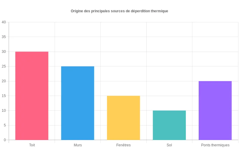 Bar chart montrant les zones critiques de déperdition thermique dans l'habitat : la toiture en tête suivie des murs, ponts thermiques et menuiseries. Comparaison des pourcentages de pertes thermiques par zone d'habitation : toiture 30%, murs 25%, fenêtres 13%, sols 10%, ponts thermiques 15%