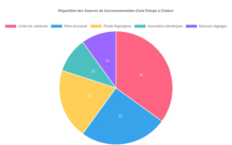 Diagramme circulaire montrant les principales sources de surconsommation des PAC : obstruction, encrassement, fluide insuffisant, anomalies et réglages inadaptés. Pie chart des causes de surconsommation des pompes à chaleur avec l'unité extérieure obstruée comme facteur principal.